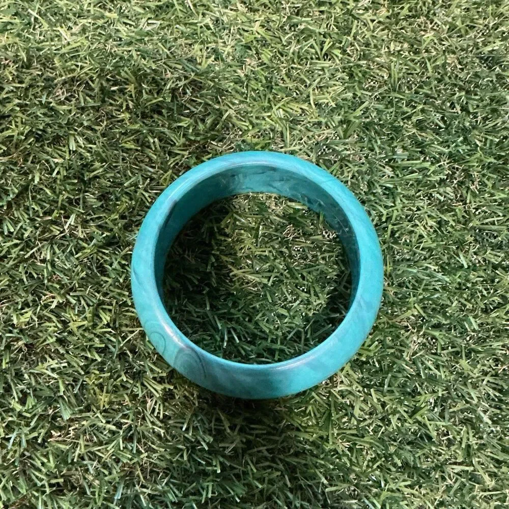 Vintage Turquoise Blue Marbled Lucite Acrylic Bangle Bracelet 1” Wide 8” Around